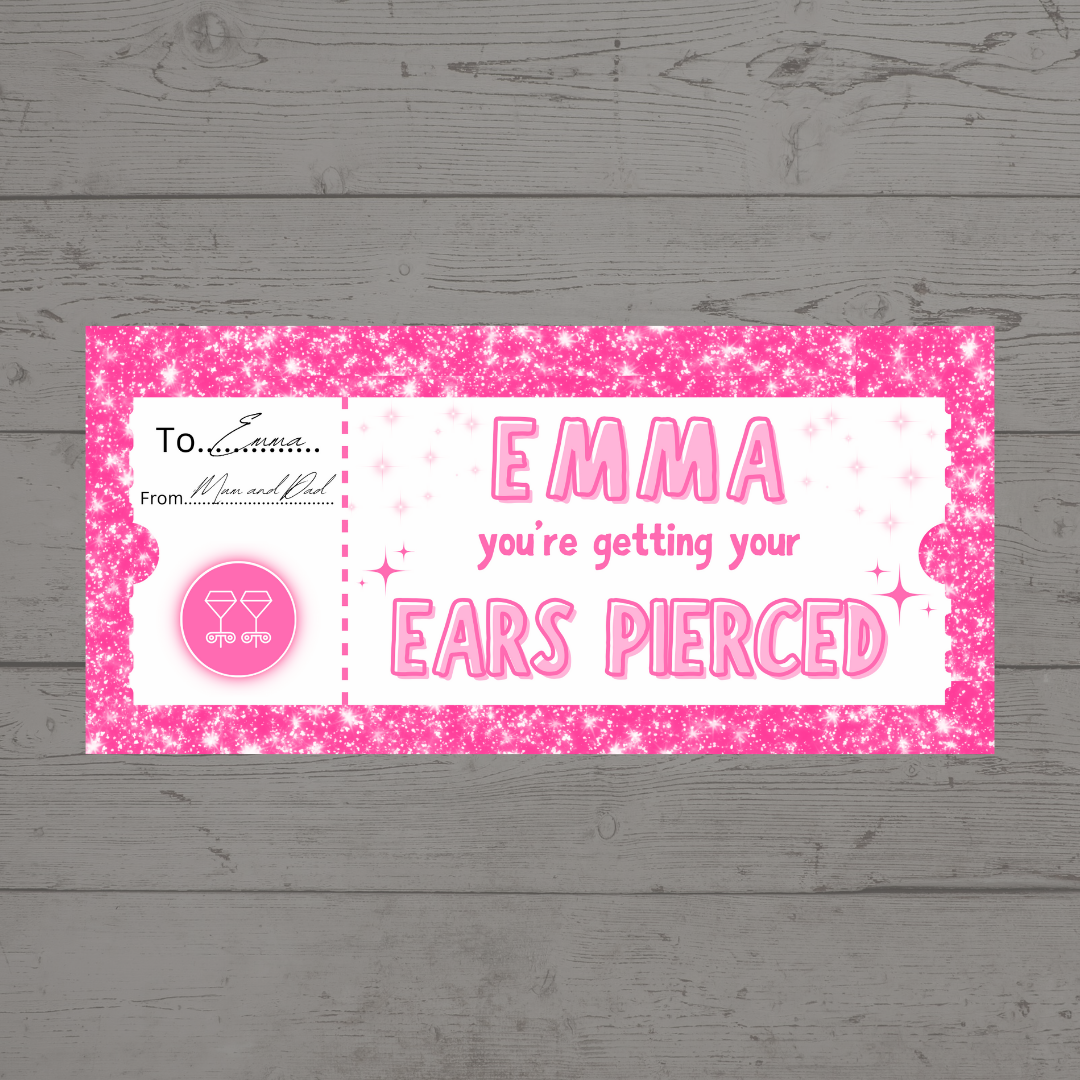 Surprise Ticket Print | Personalised Pink Ear Piercing Ticket Gift Voucher | Gift Idea