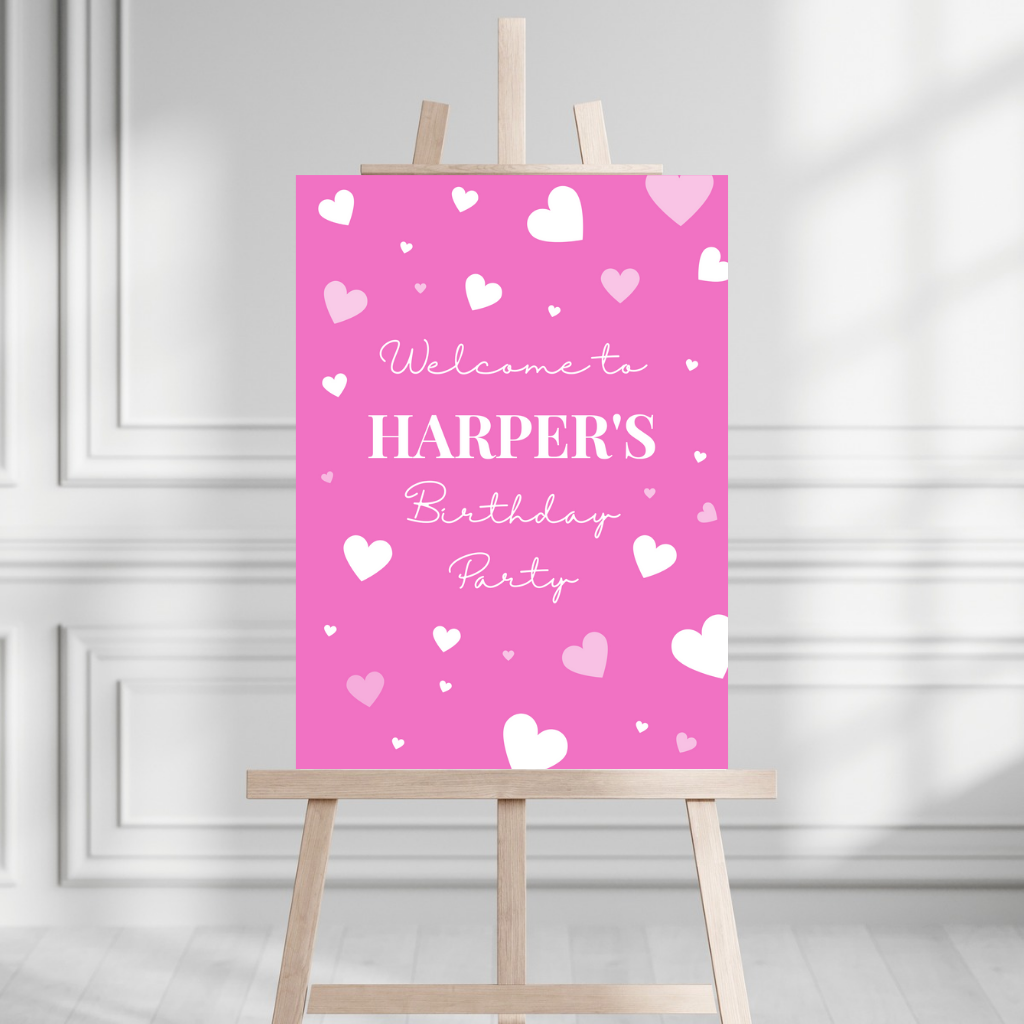 Fuchsia Pink Heart Welcome Board Sign | Personalised Board | Birthday, Christening, Baby Shower Party Sign | A4, A3, A2