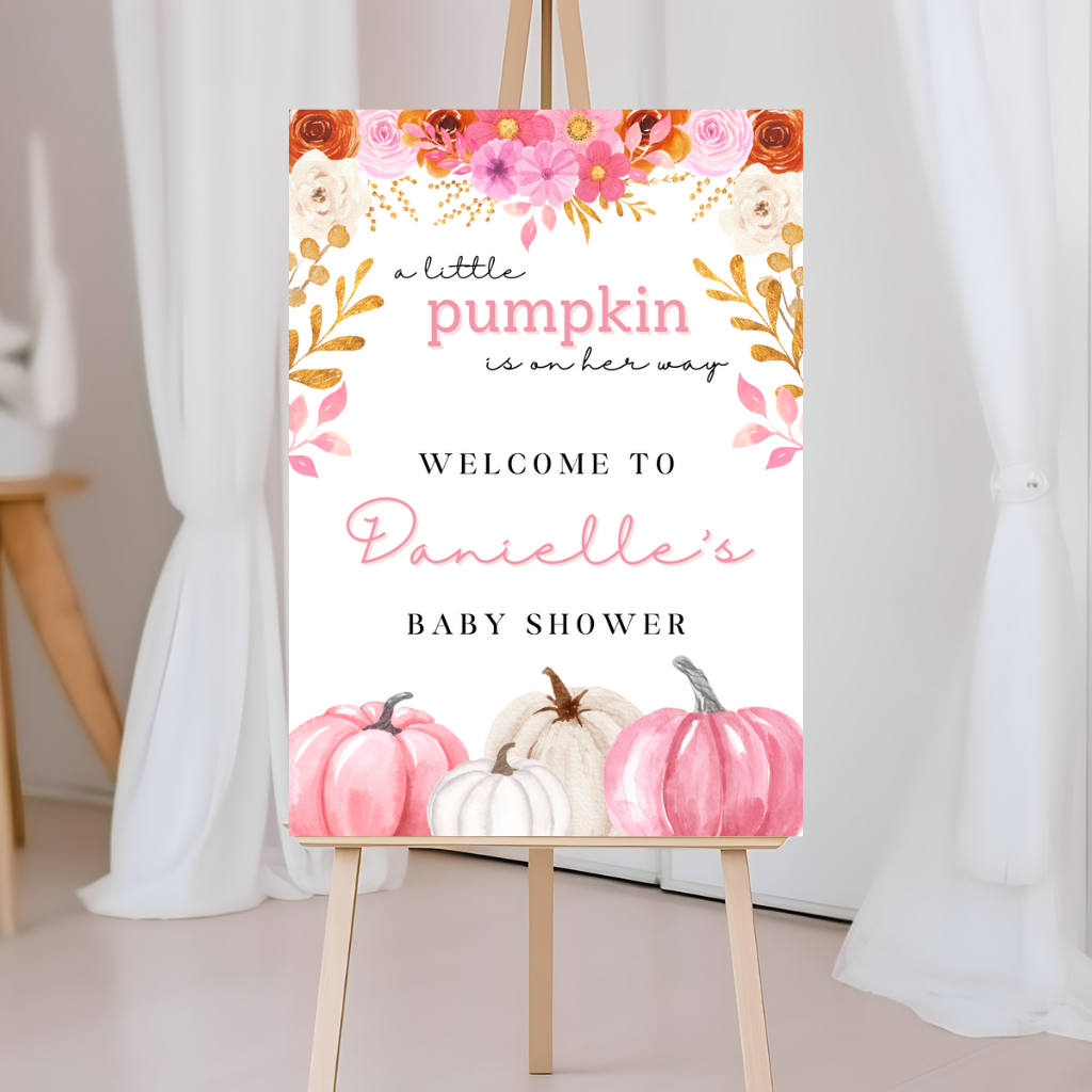 Pink Pumpkin Welcome Board Sign | Personalised Baby Shower, Birthday Party Board | Party Sign | A4, A3, A2 (Design 2)