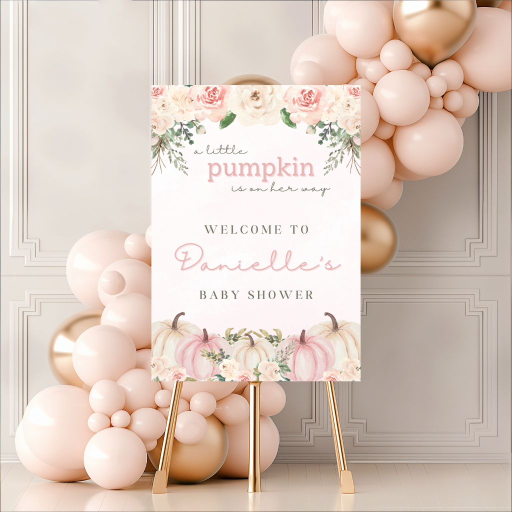 Pink Pumpkin Welcome Board Sign Personalised Baby Shower, Birthday Party Board Party Sign A4, A3, A2 (Design 1)