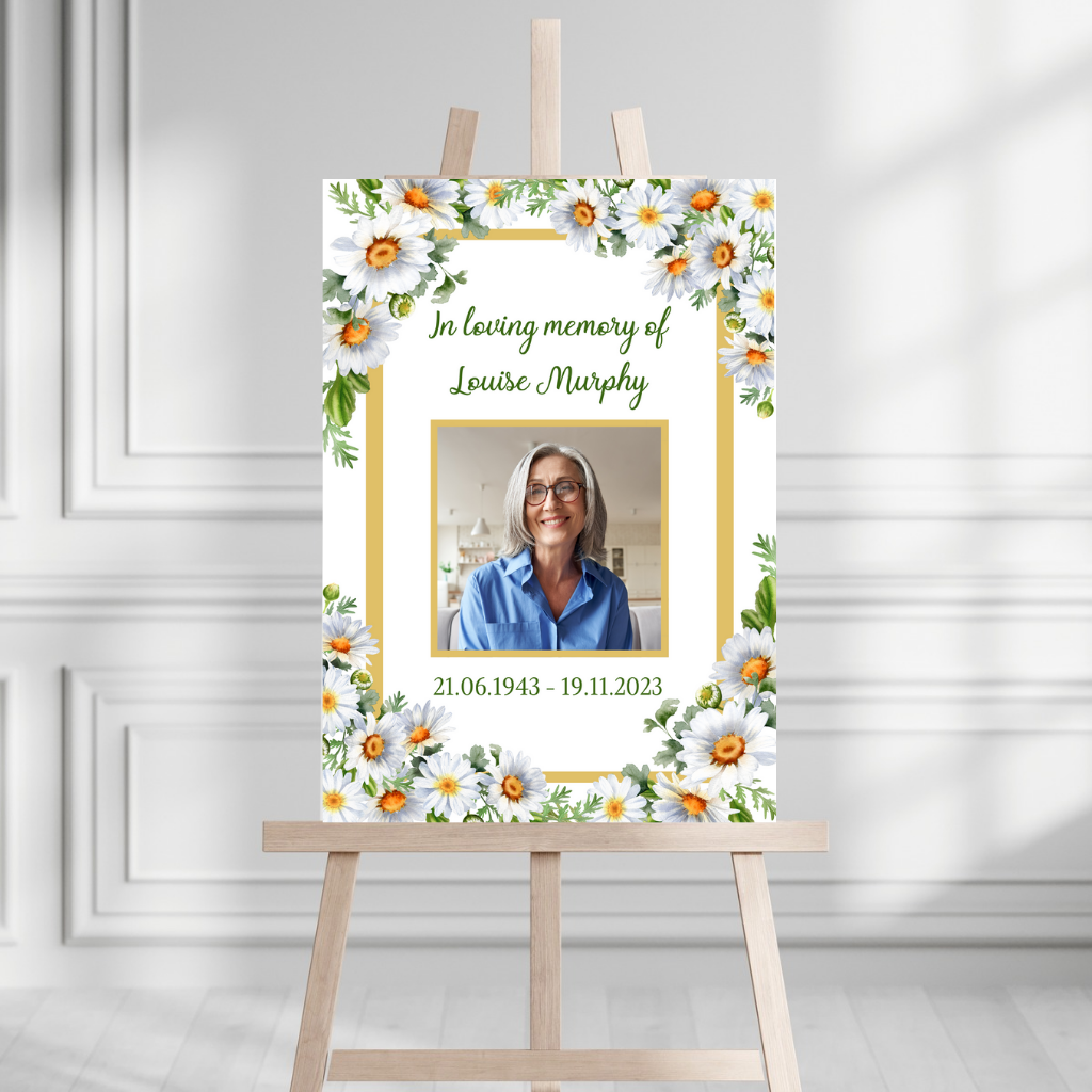 Funeral Service Entrance Board Sign | Personalised Photo Funeral Board | Sunflower Funeral Wake Sign | A4, A3, A2