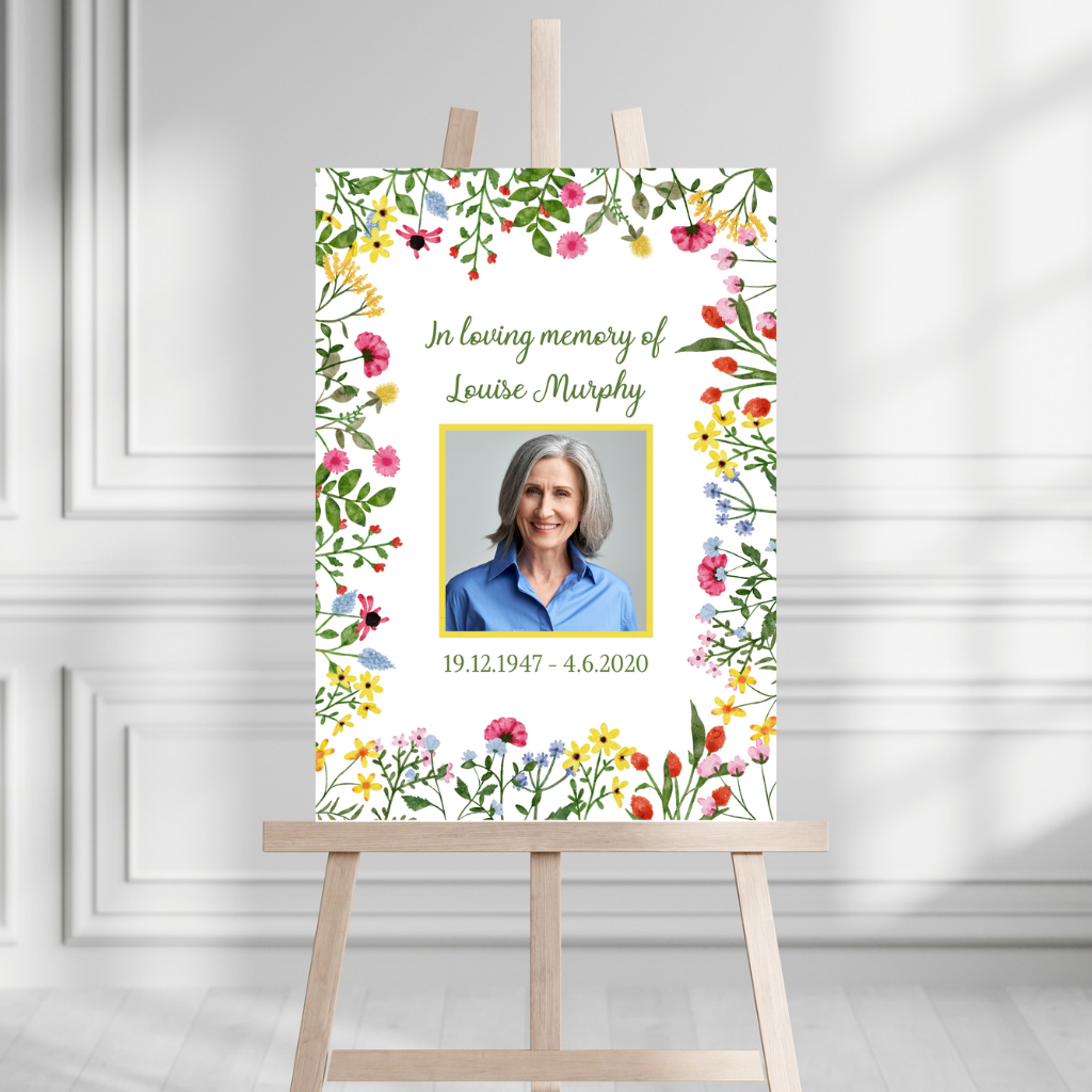 Funeral Service Entrance Board Sign | Personalised Photo Funeral Board | Wildflower Spring Floral Funeral Wake Sign | A4, A3, A2