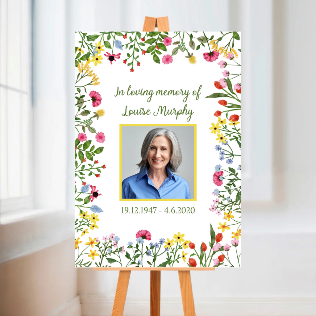 Funeral Service Entrance Board Sign | Personalised Photo Funeral Board | Wildflower Spring Floral Funeral Wake Sign | A4, A3, A2