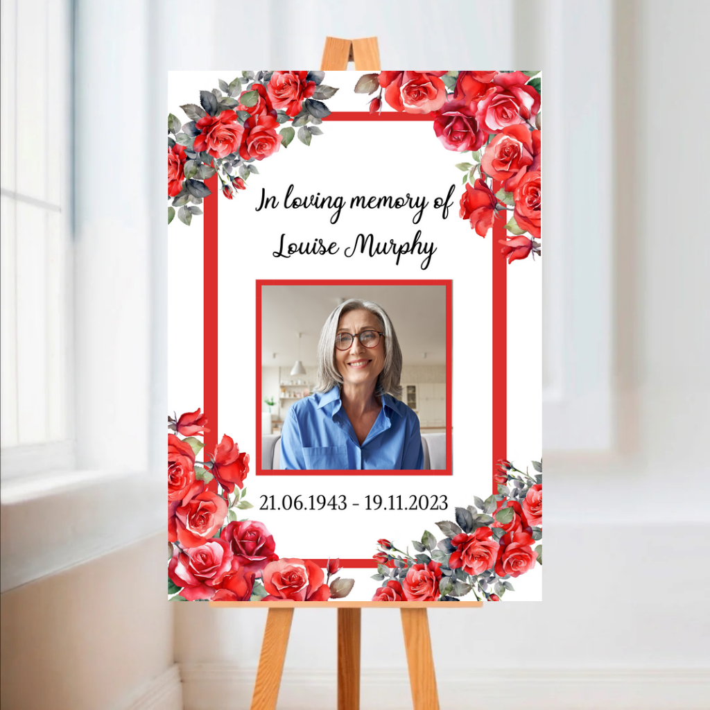 Funeral Service Entrance Board Sign | Personalised Photo Funeral Board | Red Roses Funeral Wake Sign | A4, A3, A2