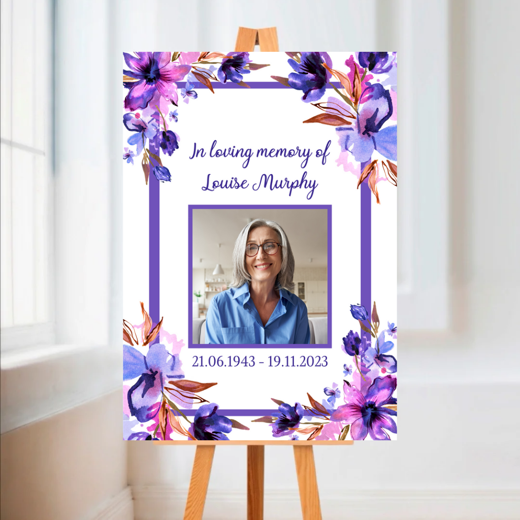 Funeral Service Entrance Board Sign | Personalised Photo Funeral Board | Purple Floral Funeral Wake Sign | A4, A3, A2