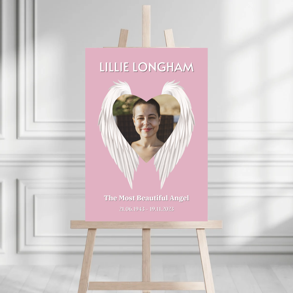 Funeral Service Entrance Board Sign | Personalised Photo Funeral Board | Pink Angel Wings Funeral Wake Sign | A4, A3, A2 - Dinky Designs