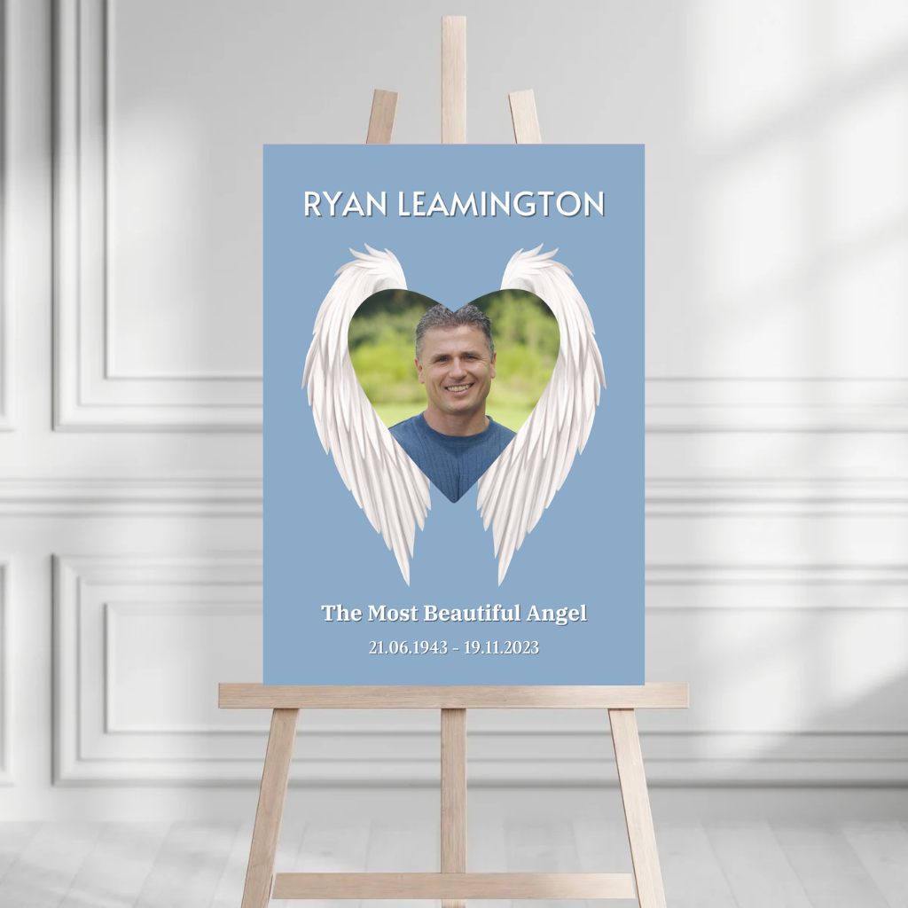 Funeral Service Entrance Board Sign | Personalised Photo Funeral Board | Blue Angel Wings Funeral Wake Sign | A4, A3, A2 - Dinky Designs