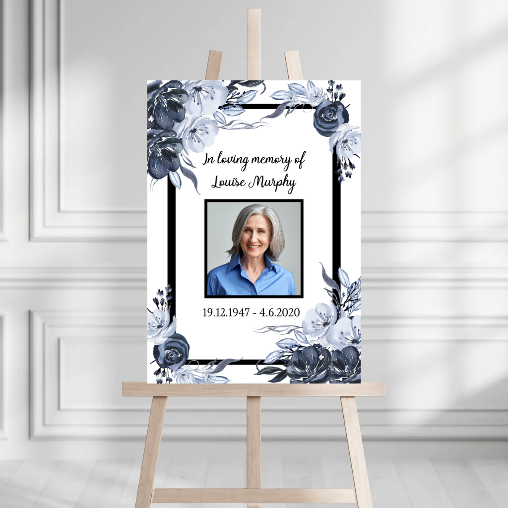 Funeral Service Entrance Board Sign | Personalised Photo Funeral Board | Blue Grey Floral Funeral Wake Sign | A4, A3, A2