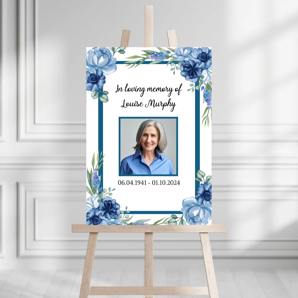 Funeral Service Entrance Board Sign | Personalised Photo Funeral Board | Blue Floral Funeral Wake Sign | A4, A3, A2
