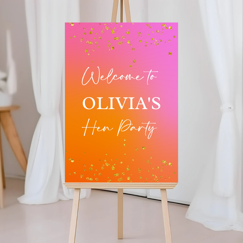 Pink, Orange & Gold Welcome Board Sign | Personalised Birthday, Hen Party Board | Party Sign | A4, A3, A2 (White Text)