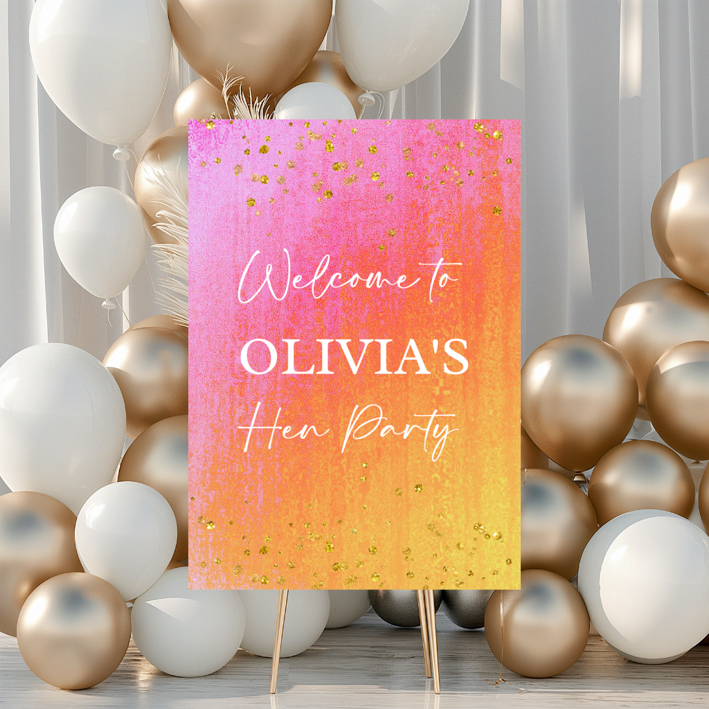 Pink, Orange & Gold Welcome Board Sign | Personalised Birthday, Hen Party Board | Party Sign | A4, A3, A2 (White Text)