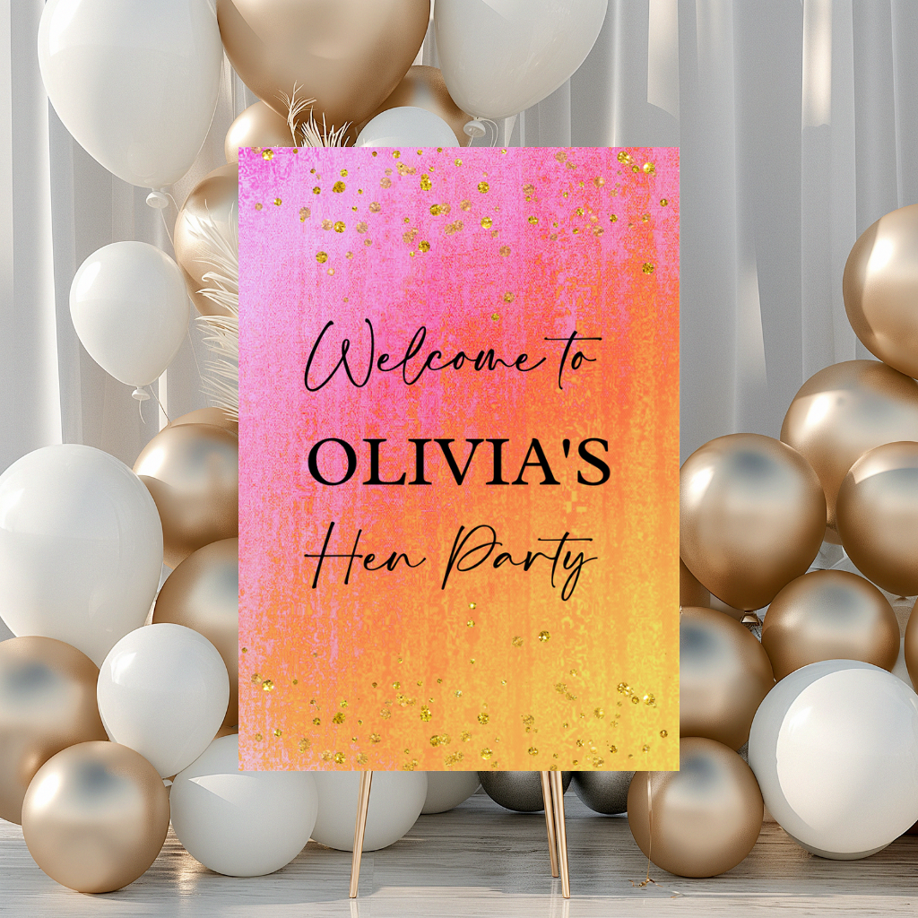 Pink, Orange & Gold Welcome Board Sign | Personalised Birthday, Hen Party Board | Party Sign | A4, A3, A2 (Black Text)