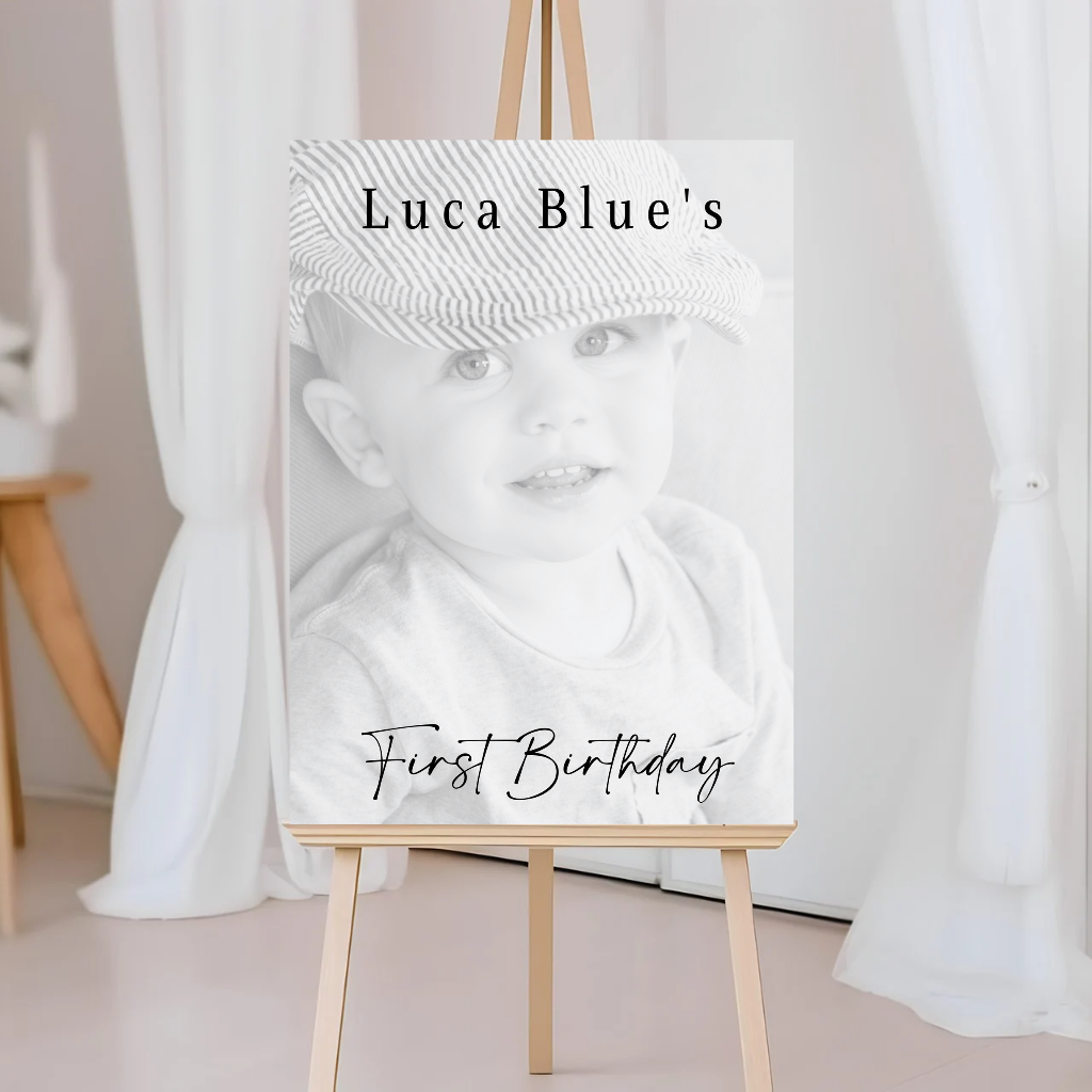 Black & White Photo Board | First Birthday Welcome Board Sign | Personalised Party Board | A4, A3, A2