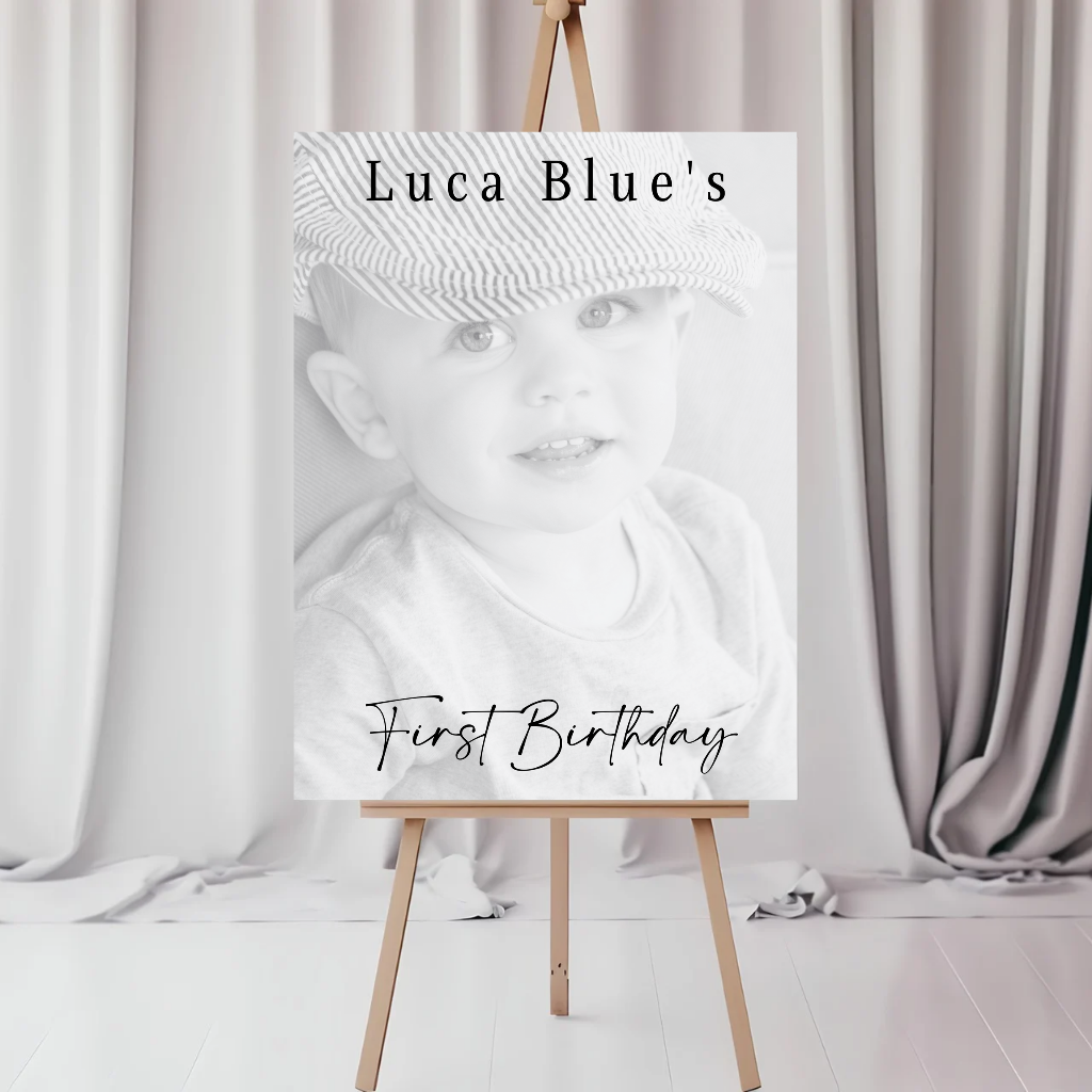 Black & White Photo Board | First Birthday Welcome Board Sign | Personalised Party Board | A4, A3, A2