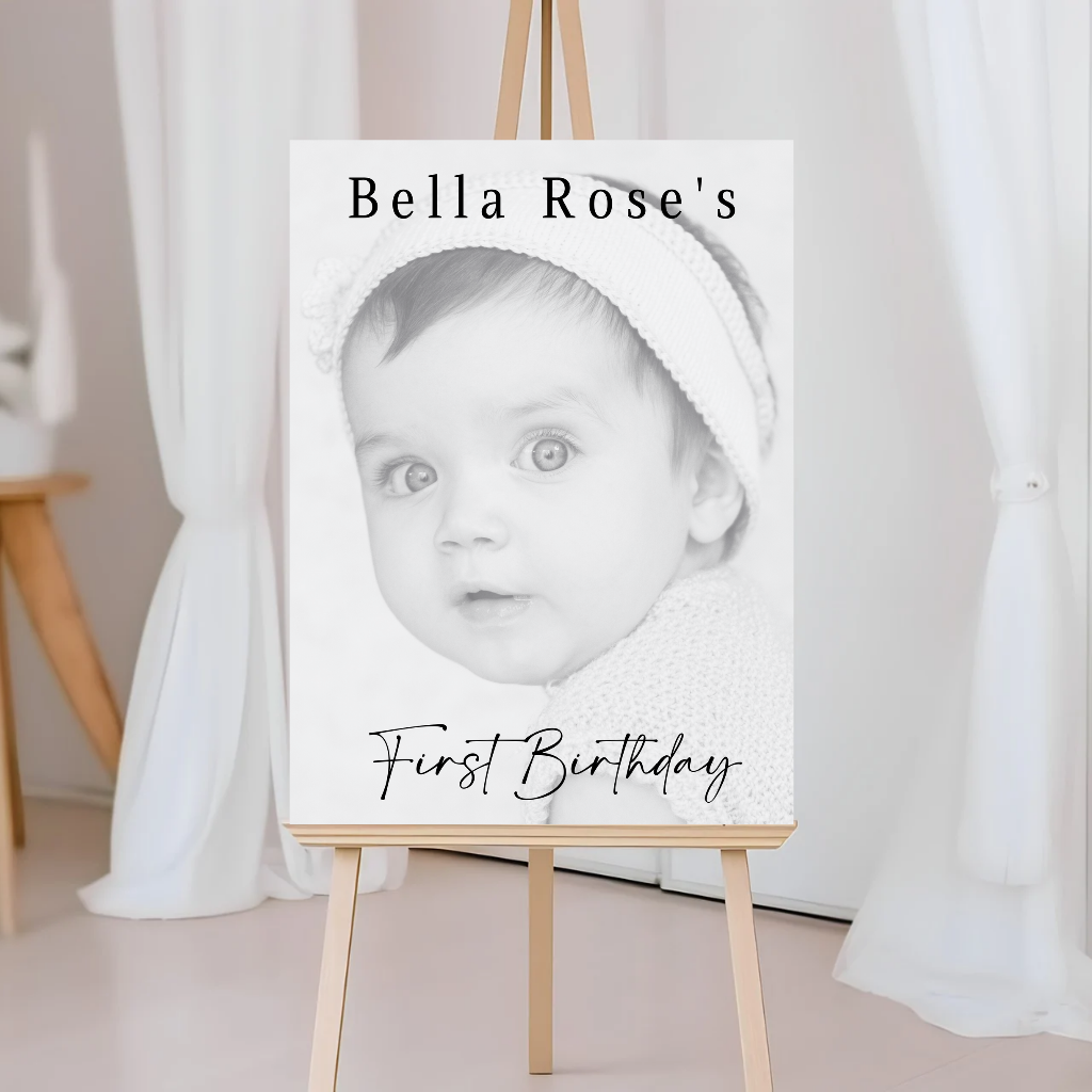 Black & White Photo Board | First Birthday Welcome Board Sign | Personalised Party Board | A4, A3, A2