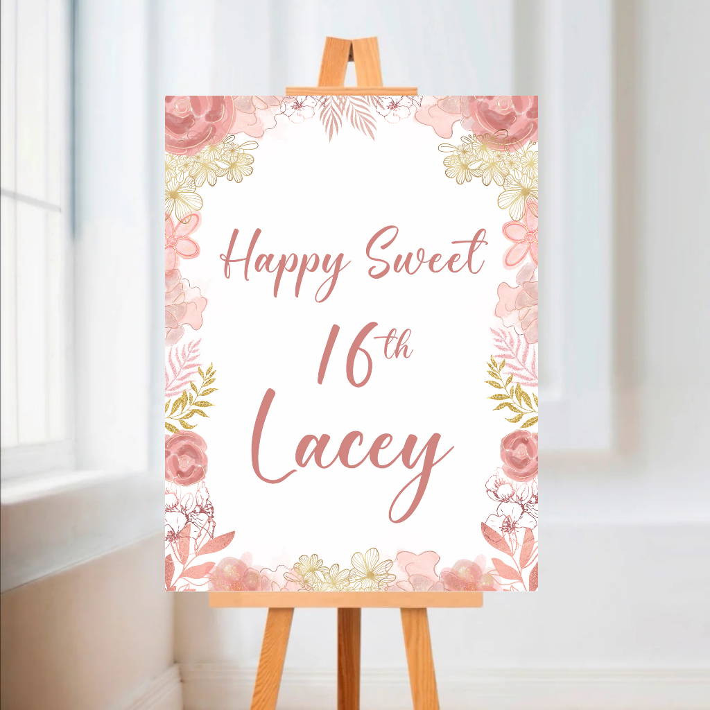 Blush Pink Gold Floral Welcome Board Sign | Personalised Baby Shower, Christening, Birthday Party, Wedding Board | Party Sign | A4, A3, A2