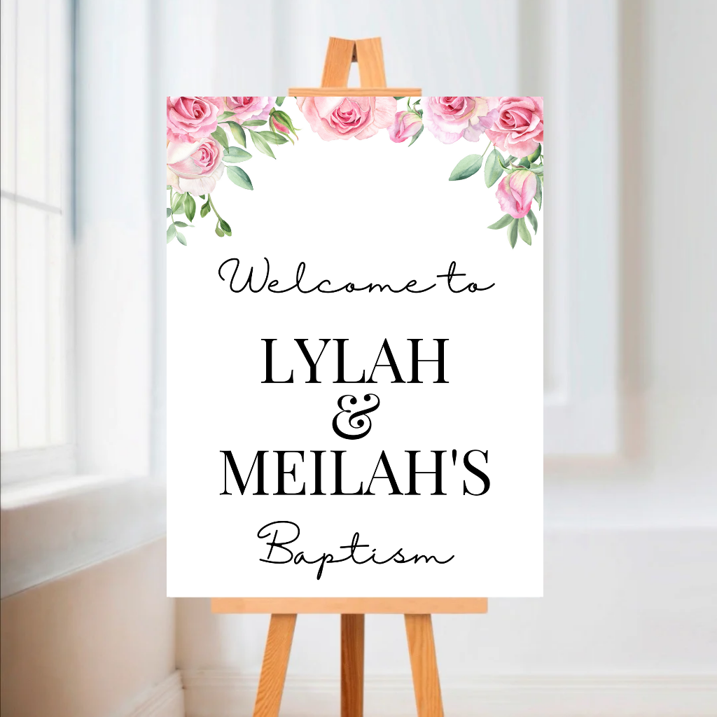 Pink Rose Floral Welcome Board Sign | Personalised Baby Shower, Christening, Birthday Party Board | Party Sign | A4, A3, A2