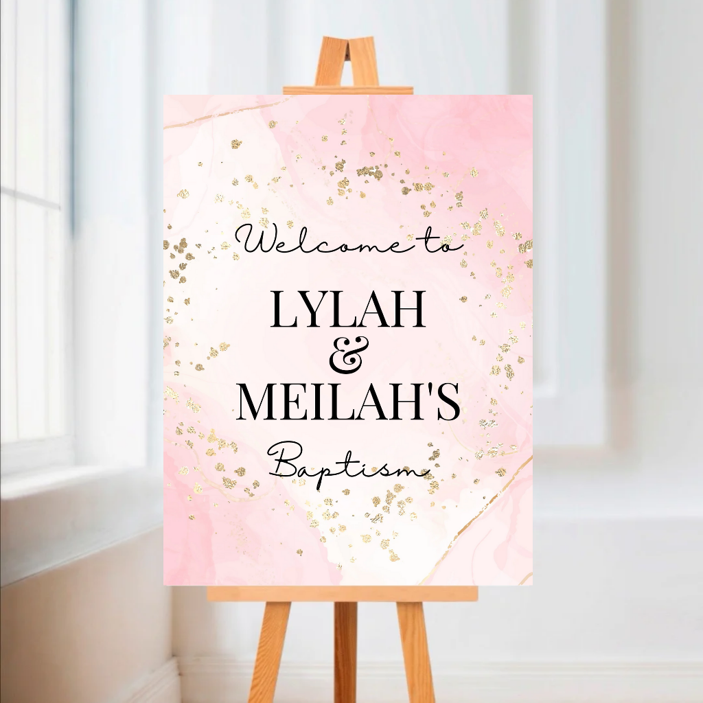 Pink & Gold Welcome Board Sign | Personalised Baby Shower, Christening, Birthday Party Board | Party Sign | A4, A3, A2