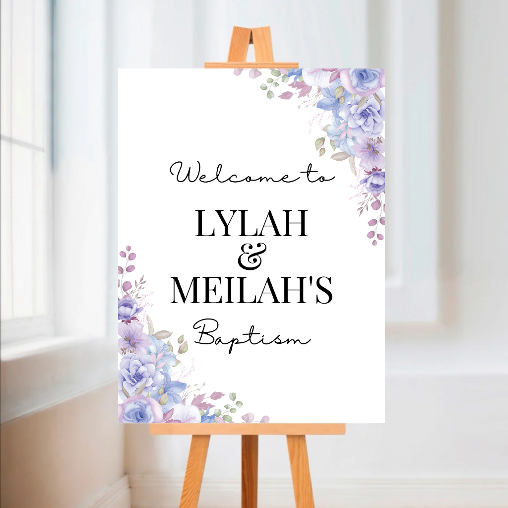 Purple Floral Welcome Board Sign | Personalised Baby Shower, Christening, Birthday Party Board | Party Sign | A4, A3, A2