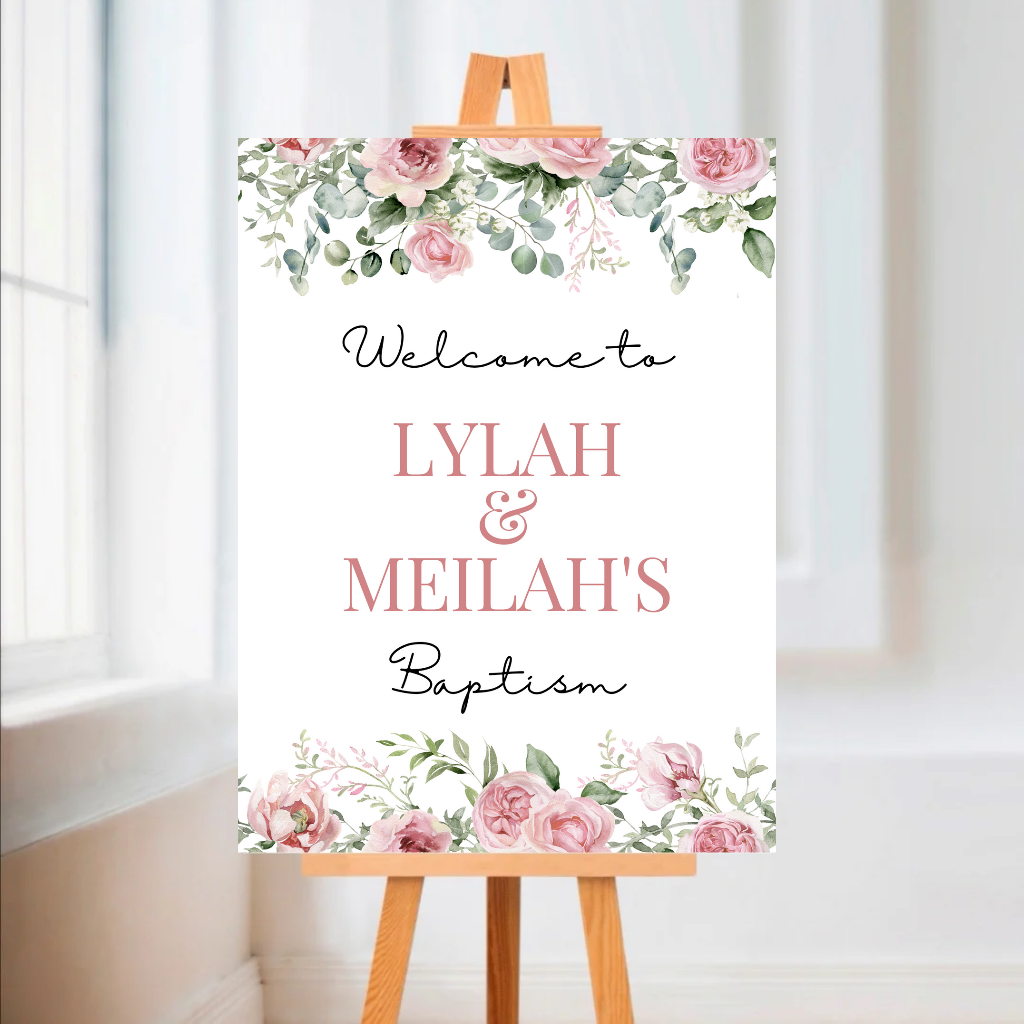 Rose Pink Floral Welcome Board Sign | Personalised Baby Shower, Christening, Birthday Party Board | Party Sign | A4, A3, A2