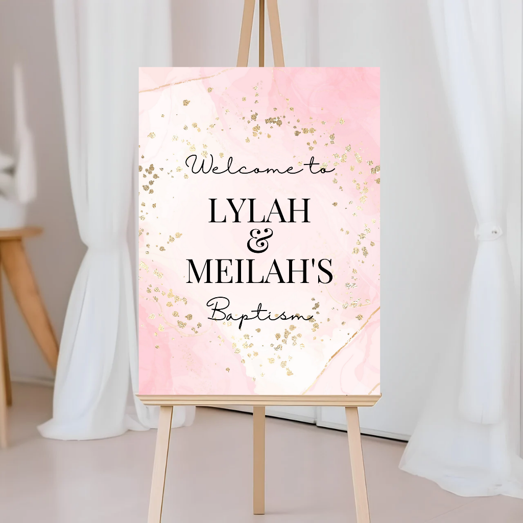Pink & Gold Welcome Board Sign | Personalised Baby Shower, Christening, Birthday Party Board | Party Sign | A4, A3, A2