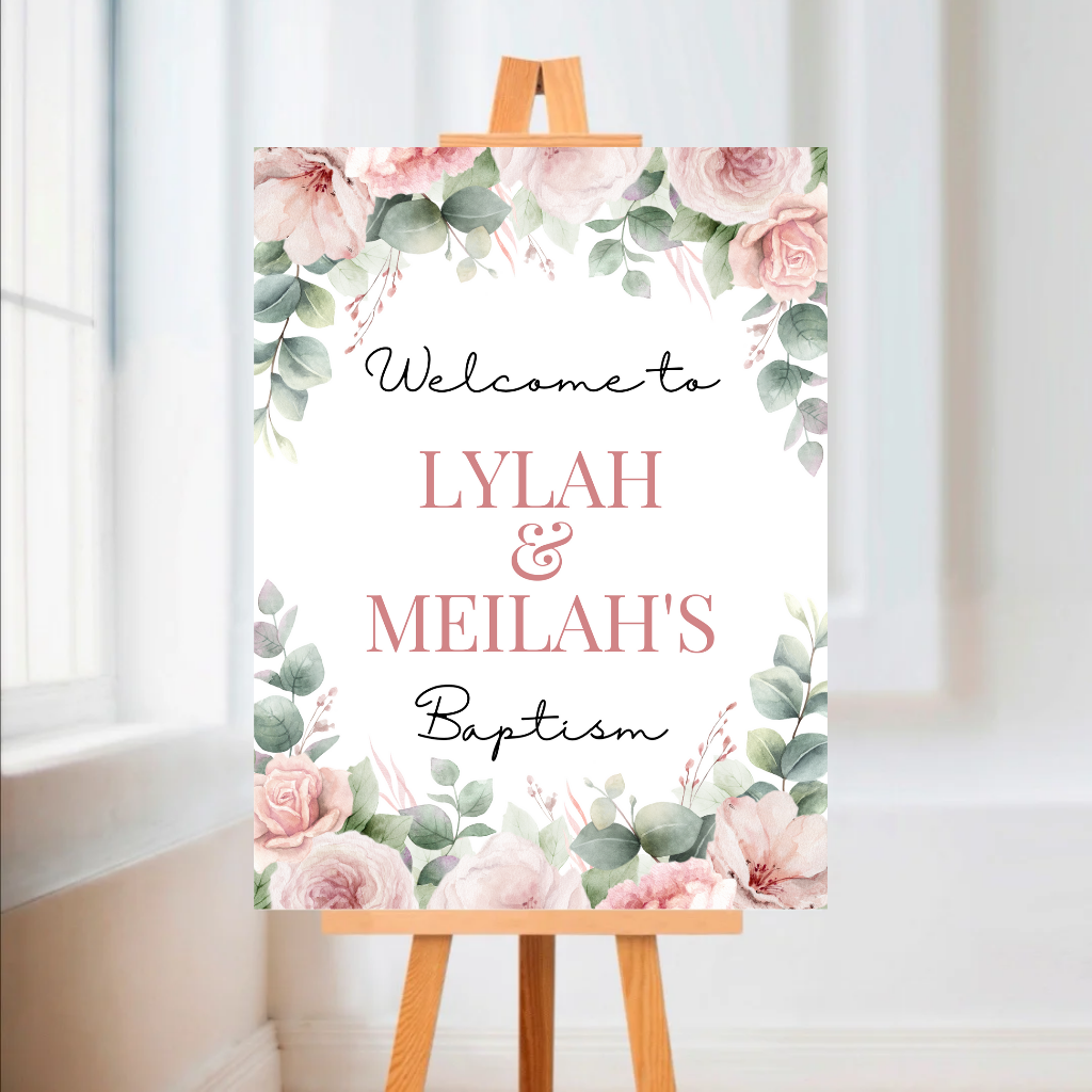 Rose Pink Floral Welcome Board Sign | Personalised Baby Shower, Christening, Birthday Party Board | Party Sign | A4, A3, A2