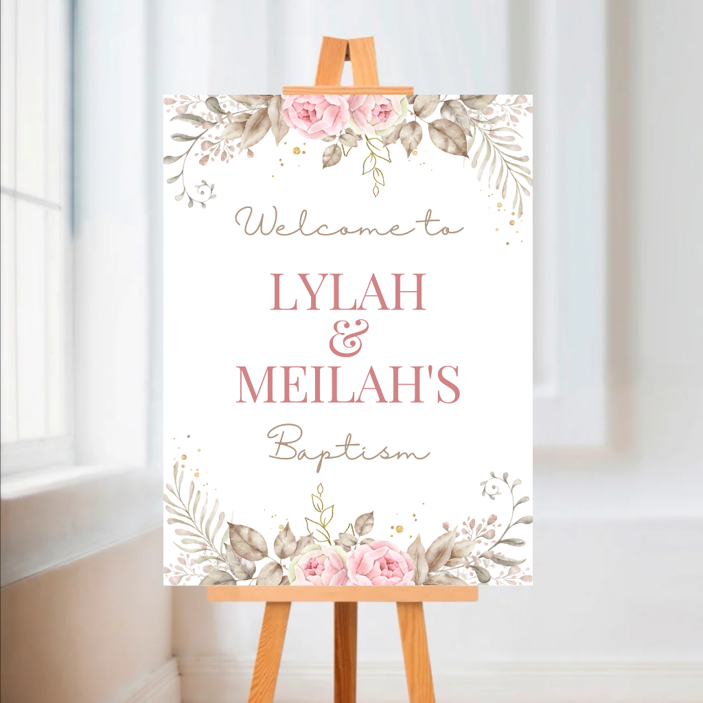 Rose Pink Floral Welcome Board Sign | Personalised Baby Shower, Christening, Birthday Party Board | Party Sign | A4, A3, A2