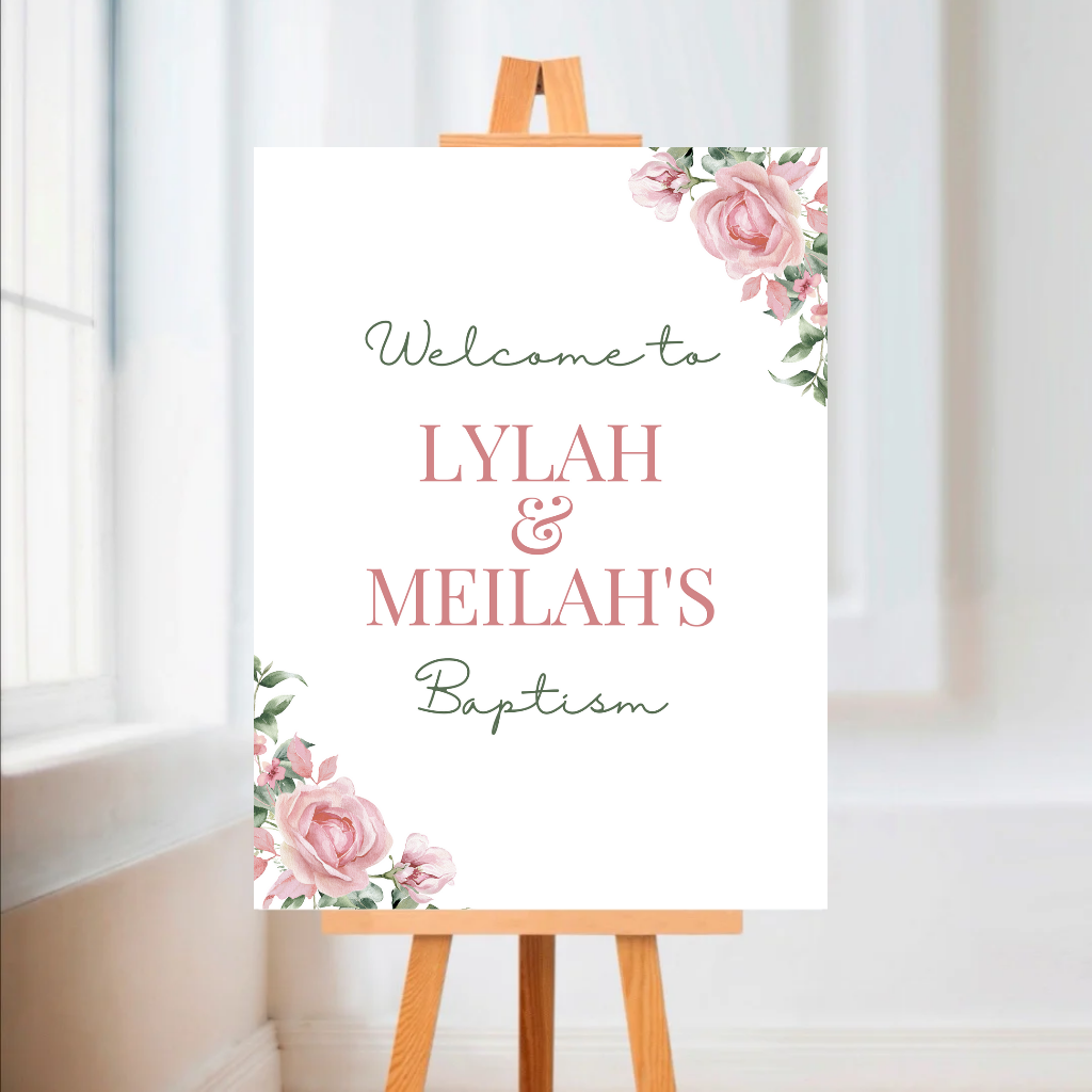 Rose Pink Floral Welcome Board Sign | Personalised Baby Shower, Christening, Birthday Party Board | Party Sign | A4, A3, A2