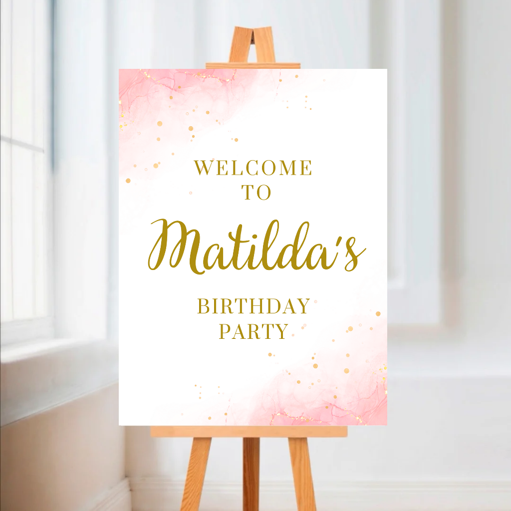 Pink & Gold Welcome Board Sign | Personalised Baby Shower, Birthday, Hen Party Board | Party Sign | A4, A3, A2