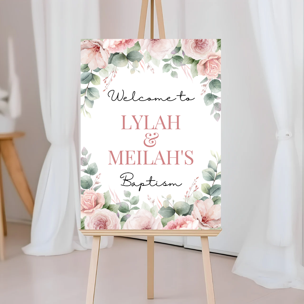 Rose Pink Floral Welcome Board Sign | Personalised Baby Shower, Christening, Birthday Party Board | Party Sign | A4, A3, A2