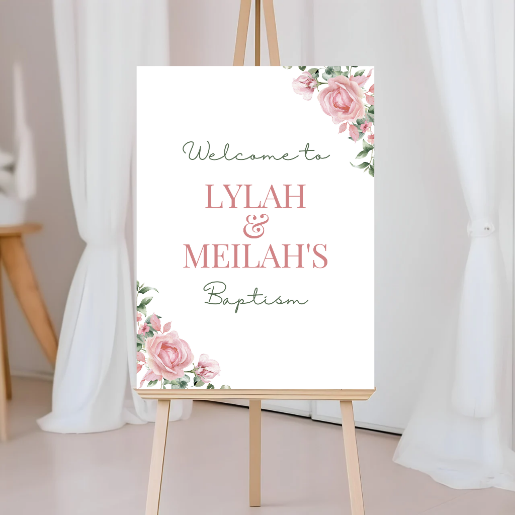 Rose Pink Floral Welcome Board Sign | Personalised Baby Shower, Christening, Birthday Party Board | Party Sign | A4, A3, A2