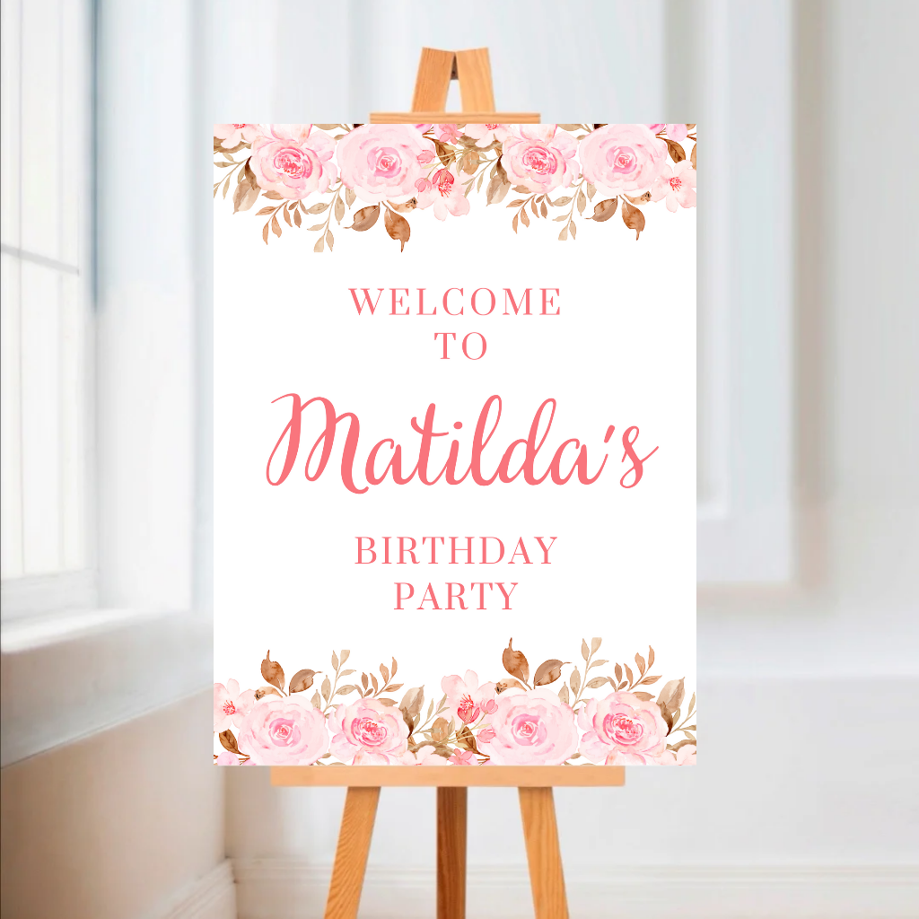 Pink Floral Roses Welcome Board Sign | Personalised Baby Shower, Birthday Party Board | Party Sign | A4, A3, A2