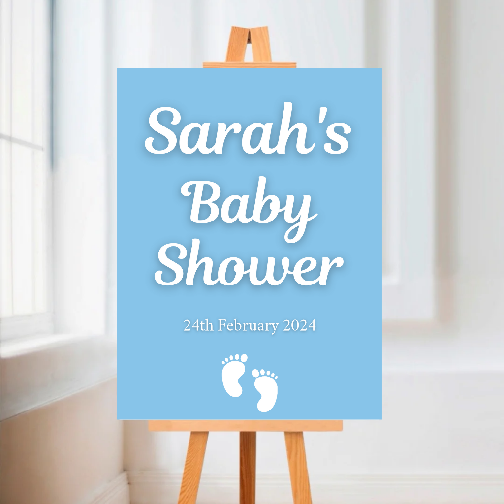 Blue Footprint Baby Shower Welcome Board Sign | Personalised Baby Shower Board | Christening Party Sign | A4, A3, A2
