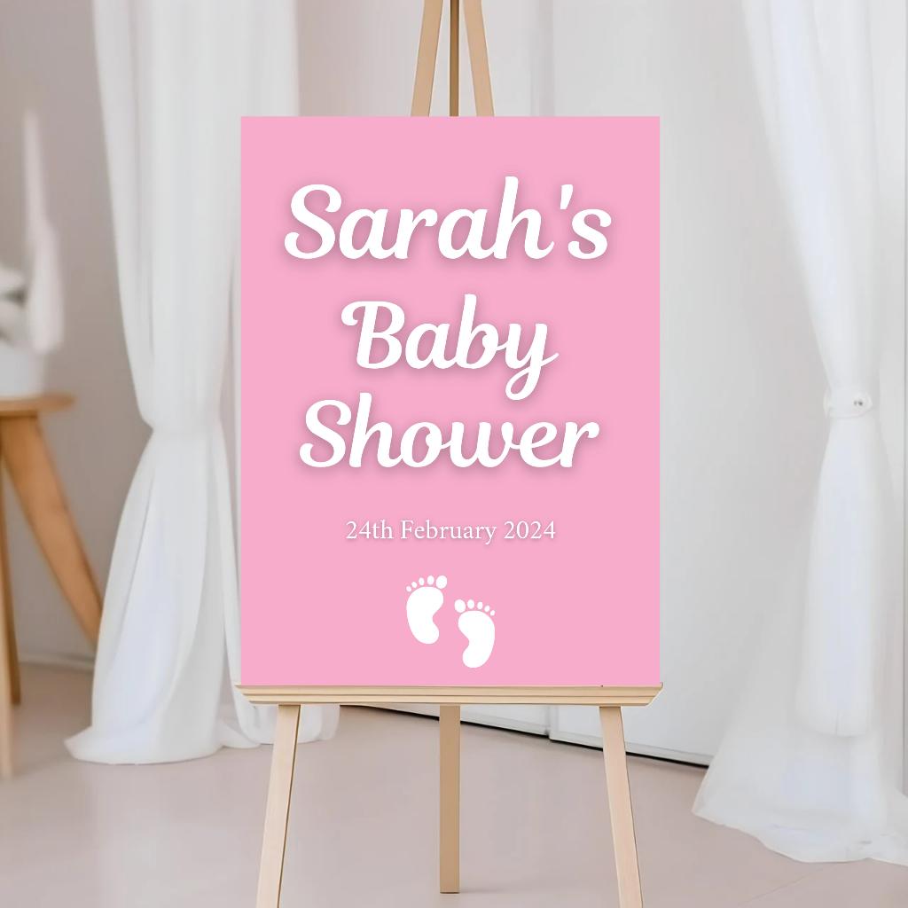 Pink Footprint Baby Shower Welcome Board Sign | Personalised Baby Shower Board | Christening Party Sign | A4, A3, A2