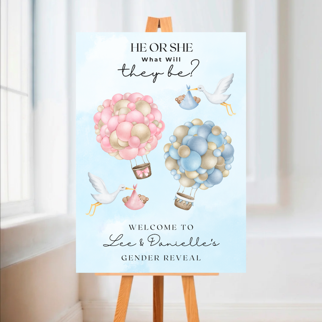 Pink Blue Baby Bear Stork Gender Reveal Welcome Board Sign | Personalised Gender Reveal Board | Party Sign | A4, A3, A2