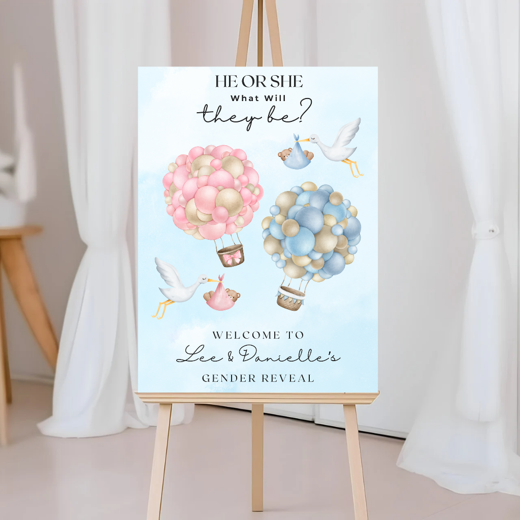 Pink Blue Baby Bear Stork Gender Reveal Welcome Board Sign | Personalised Gender Reveal Board | Party Sign | A4, A3, A2