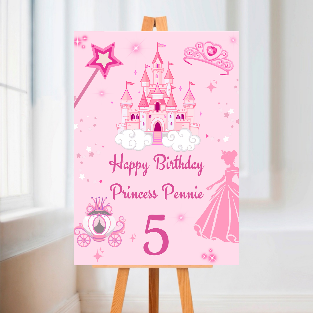 Pink Princess Birthday Welcome Board Sign | Personalised Princess Board | Party Sign | A4, A3, A2