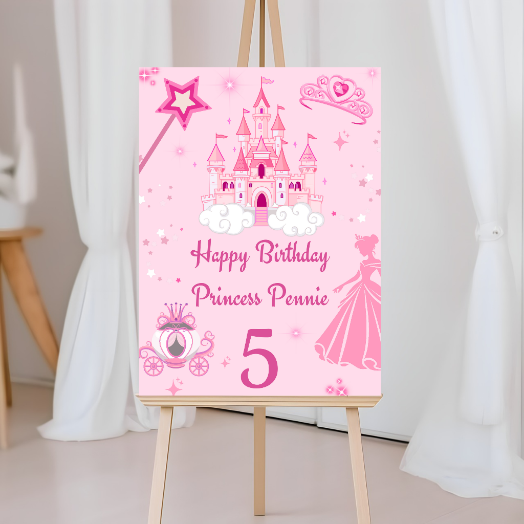 Pink Princess Birthday Welcome Board Sign | Personalised Princess Board | Party Sign | A4, A3, A2