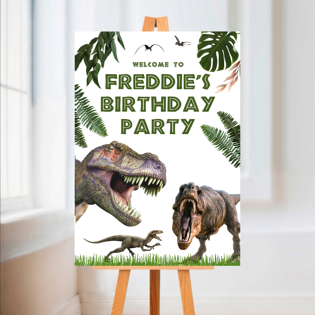Dinosaur Welcome Board Sign | Personalised Birthday Board | Birthday Party Sign | A4, A3, A2 (Design 1)