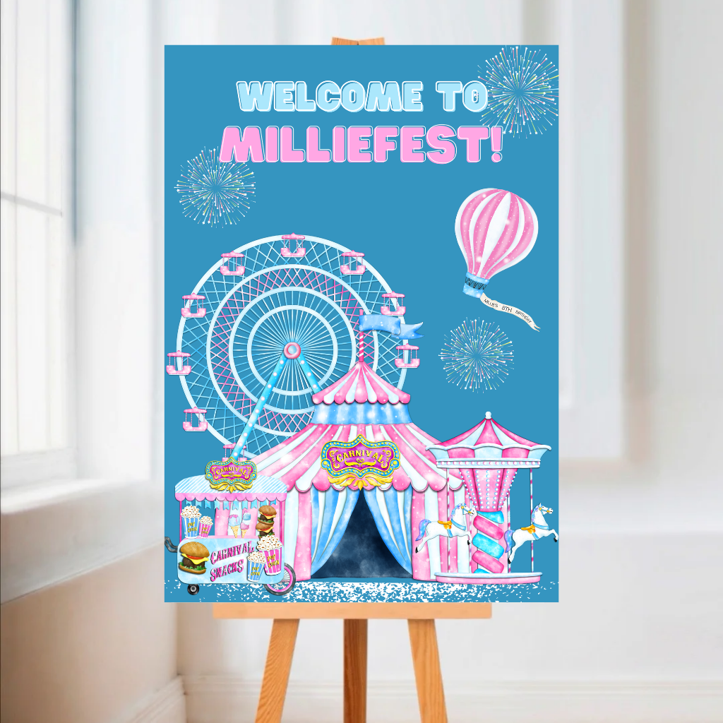 Blue & Pink Carousel Funfair Welcome Board Sign | Personalised Festival Birthday Party Board | Party Sign | A4, A3, A2, A1