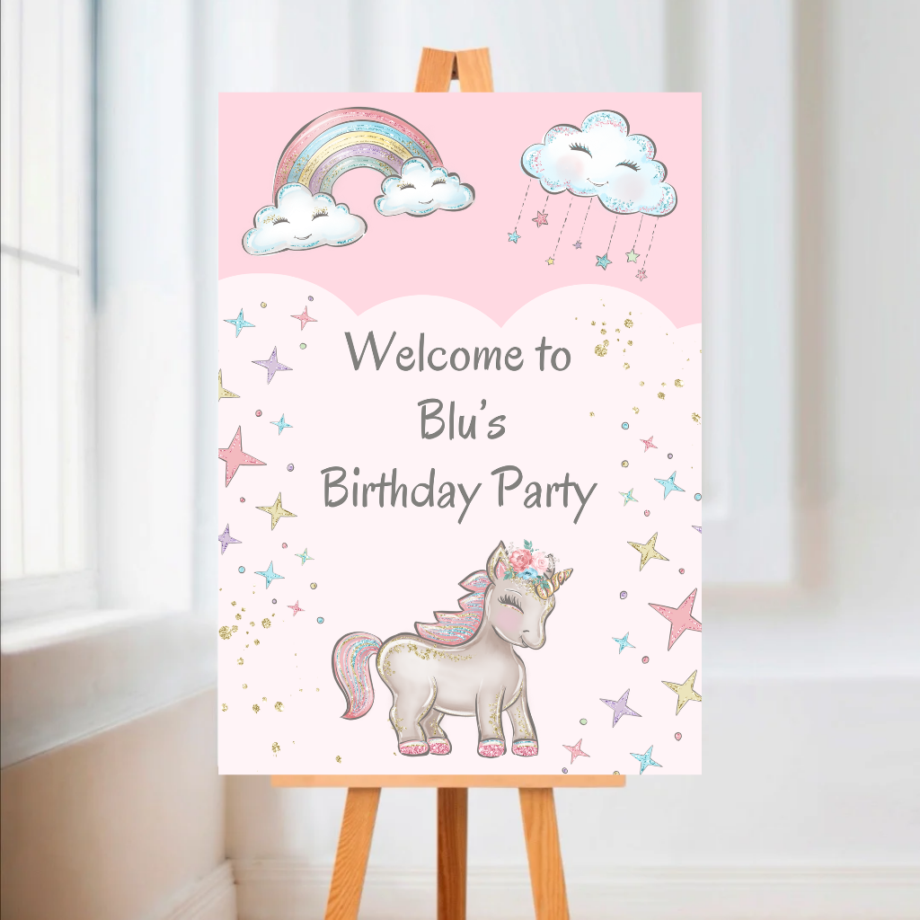 Unicorn Welcome Board Sign | Personalised Unicorn Birthday Party Board | Party Sign | A4, A3, A2, A1