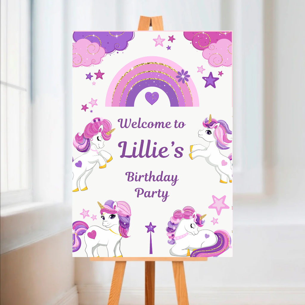 Unicorn Welcome Board Sign | Personalised Unicorn Birthday Party Board | Party Sign | A4, A3, A2, A1