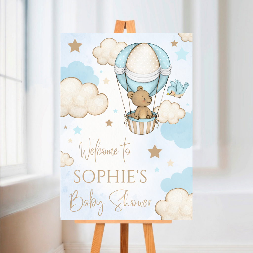Blue Bear Hot Air Balloon Welcome Board Sign | Personalised Baby Shower, Birthday Party Board | Party Sign | A4, A3, A2