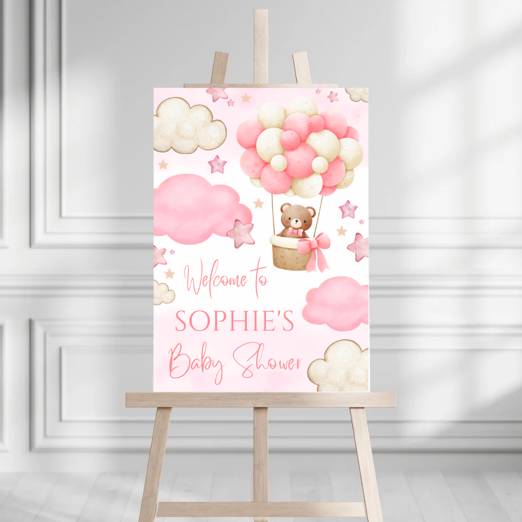 Pink Teddy Bear Hot Air Balloon Welcome Board Sign | Personalised Baby Shower, Birthday Party Board | Party Sign | A4, A3, A2