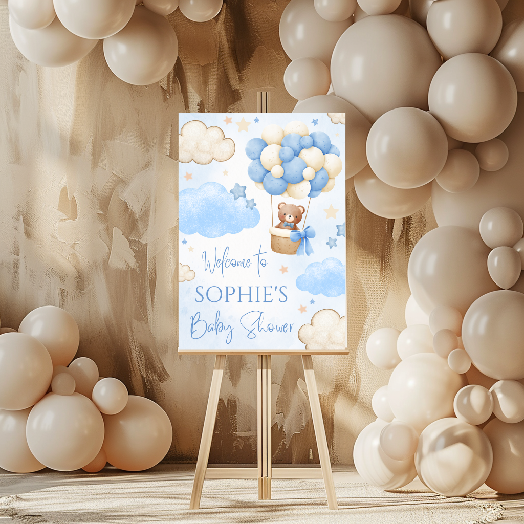 Blue Teddy Bear Hot Air Balloon Welcome Board Sign | Personalised Baby Shower, Birthday Party Board | Party Sign | A4, A3, A2