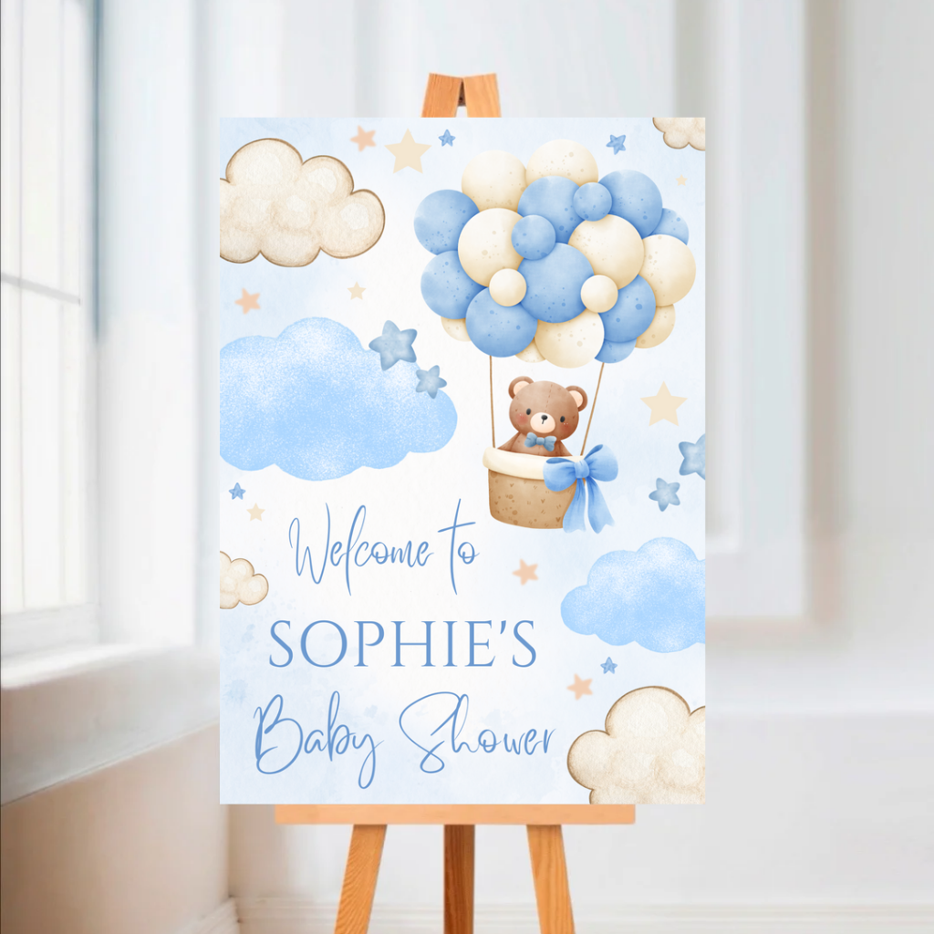 Blue Teddy Bear Hot Air Balloon Welcome Board Sign | Personalised Baby Shower, Birthday Party Board | Party Sign | A4, A3, A2