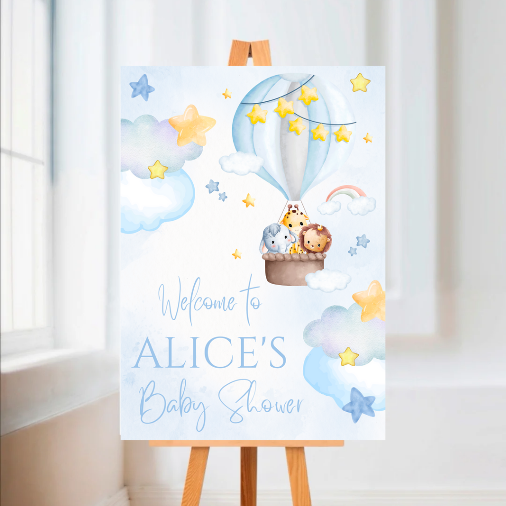 Blue Safari Animal Hot Air Balloon Welcome Board Sign | Personalised Baby Shower, Birthday Party Board | Party Sign | A4, A3, A2