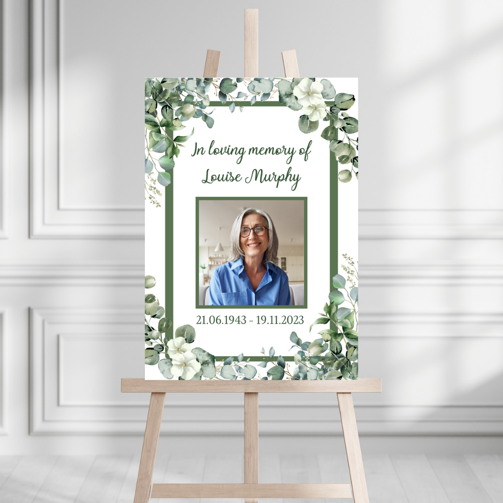 Funeral Service Entrance Board Sign | Personalised Photo Funeral Board | Greenery Funeral Wake Sign | A4, A3, A2