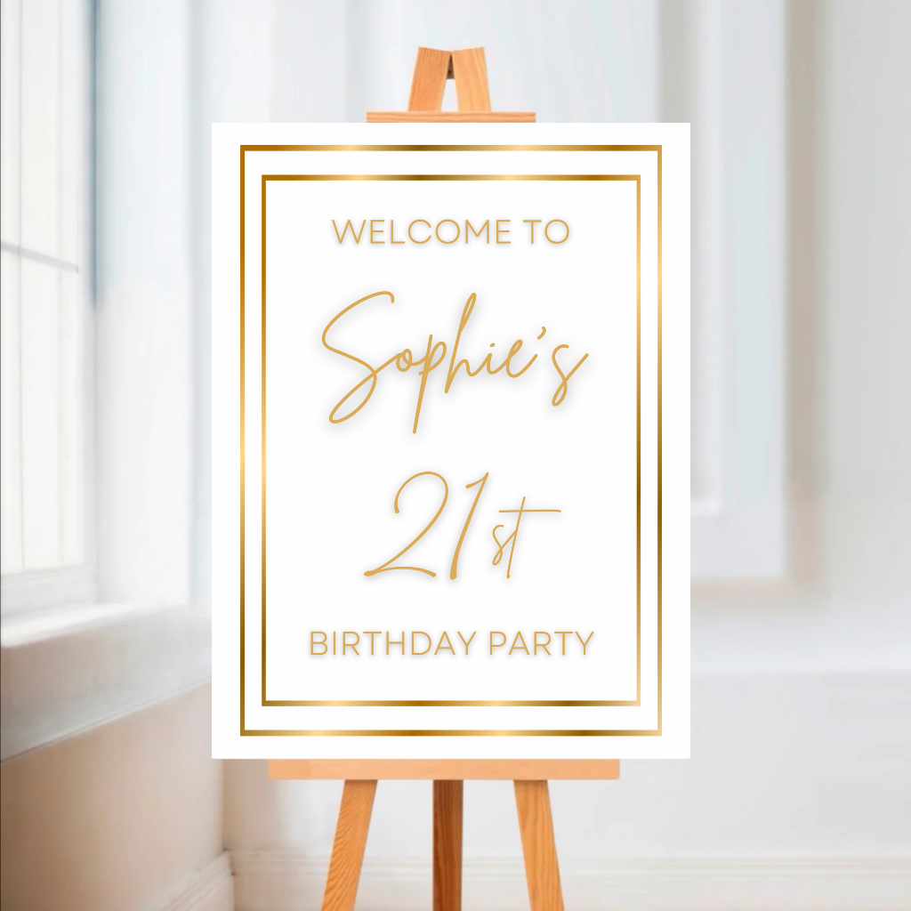 White & Gold Welcome Board Sign | Personalised Birthday Board | Birthday Party Sign | A4, A3, A2