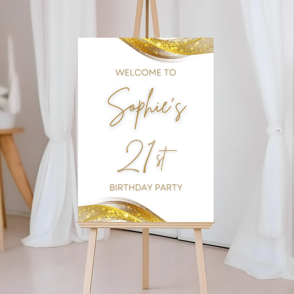White & Gold Welcome Board Sign | Personalised Birthday Board | Birthday Party Sign | A4, A3, A2